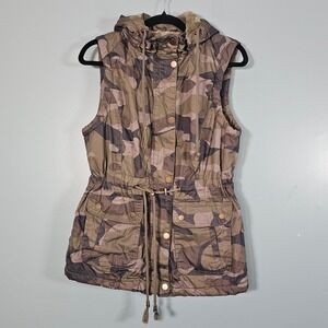 YMI Collection Womens Camouflage Utility Vest Faux Fur Hood Drawstring Pockets M